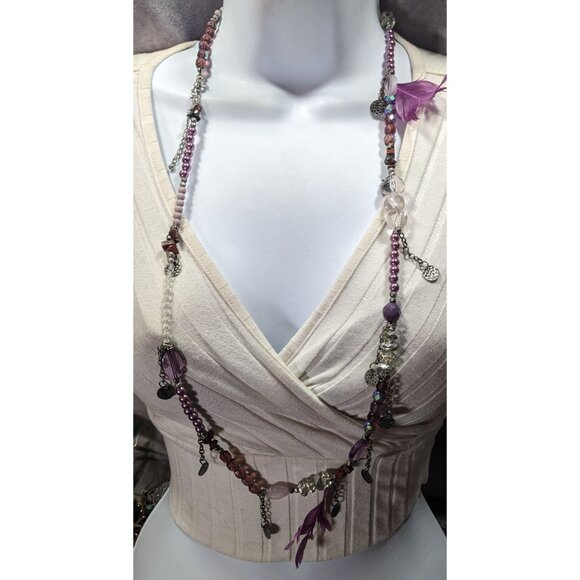 Bohemian Purple And Silver Tone Charm And Feather Beaded Necklace - Picture 6 of 10